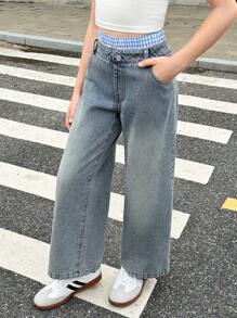 SHEIN Vintage American Style Baggy 2 In 1 Jeans For Tween Girl - Blue - View 1