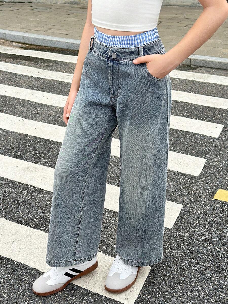 SHEIN Vintage American Style Baggy 2 In 1 Jeans For Tween Girl - Blue - View 1