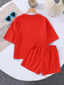 SHEIN LMoss Kids 2pcs Young Girl Knitted Solid Color Round Neck Loose T-Shirt And Fitted Shorts Set - Red - View 2
