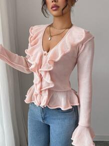 Chiquease Women's Ruffled Single Breasted Bell Sleeve Knitted Cardigan Fall Cloth For Women