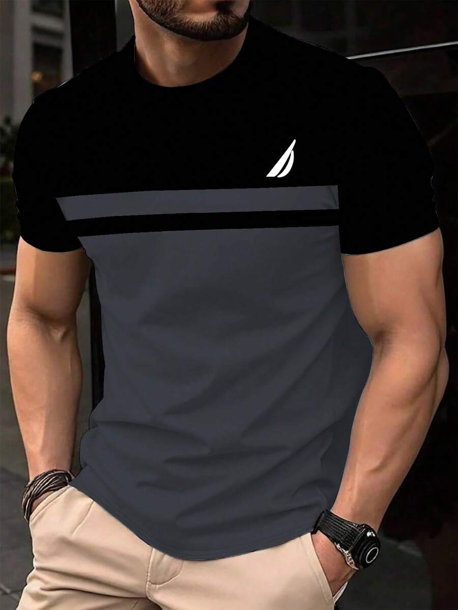 Manfinity Homme T-shirt décontracté à manches courtes col rond imprimé de rayures pour hommes, été - Multicolore - Voir 1