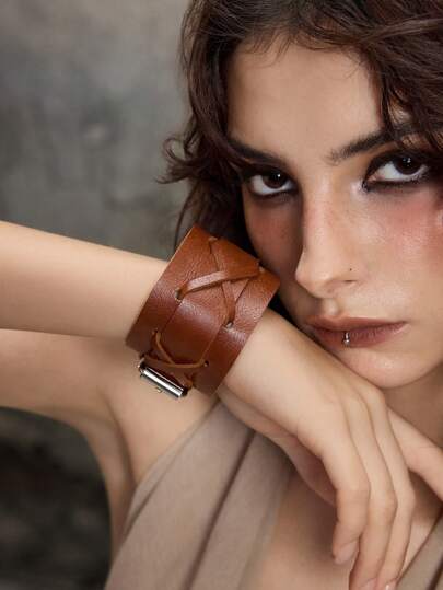 Grunge Punk 1pc Retro Chic Geometric Pattern Bracelet, Y2K Distressed Style High Quality PU Leather Adjustable Wristband, Niche Design