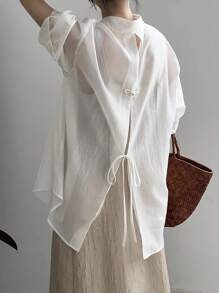 SHEIN LUNE Women's Lightweight Sun Protection Blouse With Back Slit Buttoned Design - White - View 4