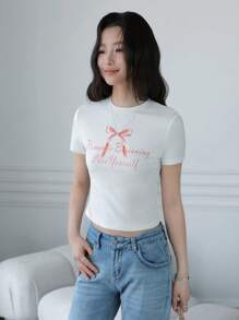 SHEIN EZwear 女士短袖休闲修身弹力 T 恤配蝴蝶结 - 白色