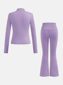 Sparklyn 青少年女孩户外瑜伽运动弹力舒适自由拉伸时尚骑行网球健身徒步露营运动夹克和喇叭裤套装，海军蓝 - 淡紫色 - 查看 2