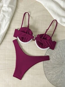 Swim Chiccia 纯色细肩带钢圈上衣和比基尼泳裤女式夏季泳衣套装 - 酒紅色 - 查看 2