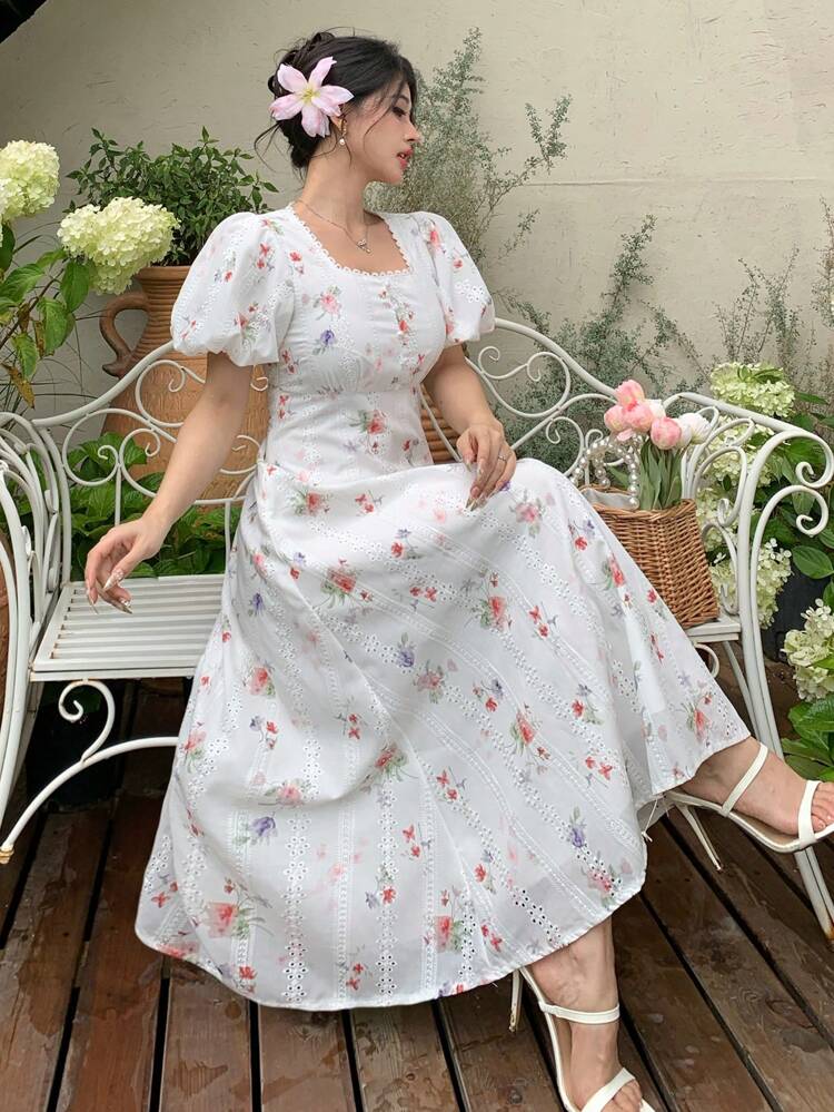Women's Summer Square Neck Puff Sleeve Ditsy Floral Vacation Style Dress
