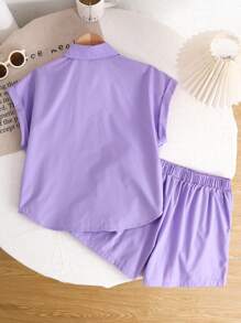 SHEIN Leap Crew Tween Girls' Vacation Casual Woven Solid Color Short Sleeve Shirt And Shorts Set, Spring/Summer - Mauve Purple - View 2