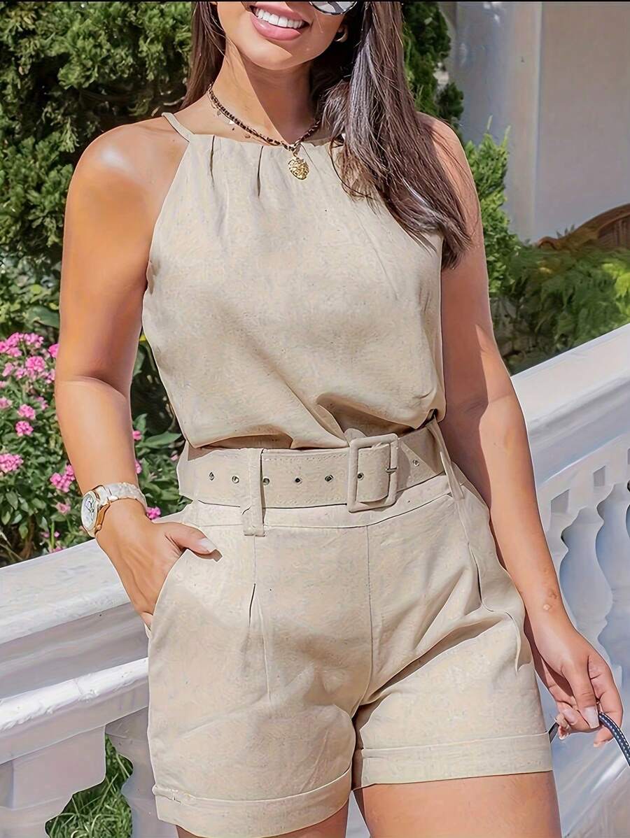 EMERY ROSE 女式休闲纯色口袋吊带褶皱连体衣 - 杏色 - 查看 1