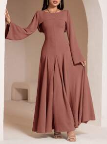 Veilorie 2pcs Women Solid Color Long Sleeve Cropped Top And Halter Neck Dress Elegant Set - Red - View 6