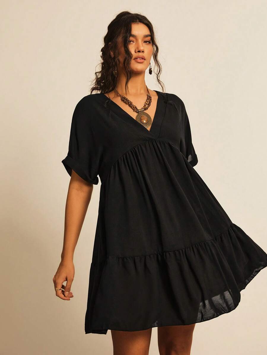 Freevana 大碼蝙蝠袖荷葉邊娃娃裙 - 黑色 - 查看 1