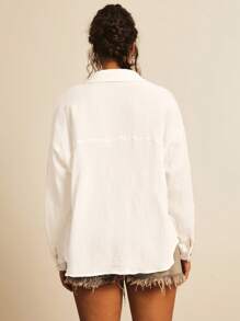 Freevana Camisa simple de manga larga diaria para mujeres de tallas grandes en unicolor - Blanco - Ver 2