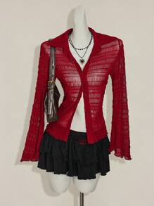 SHEIN ICON 女士性感纯色透视长袖开衫衬衫 - 紅色 - 查看 1