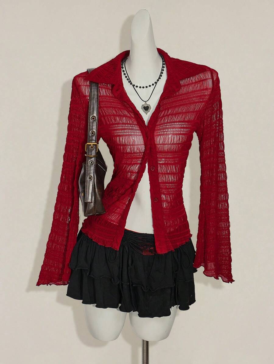 SHEIN ICON 女士性感纯色透视长袖开衫衬衫 - 紅色 - 查看 1