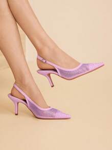 MOTF PREMIUM WOMEN'S POINTED TOE MESH & RHINESTONE SLINGBACK HIGH HEELS - Purple - View 6