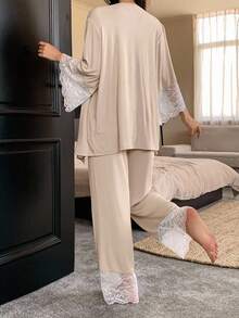 DAZY 3pcs/Set Women Contrast Color Lace Patchwork Robe, Camisole Top & Pants Sleepwear Pajama Set, Fall Winter Clothes Pajama - Apricot - View 2