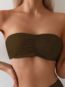 Swim Basics 2件套女士夏季海滩度假纯色褶皱露肩休闲比基尼套装泳装 - 卡其色 - 查看 8