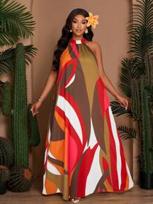 SOLERSUN Plus Size Women's Spring And Summer Loose Casual Printed Sleeveless Back Neck Tie Drawstring A-Line Dress, Summer Dress, Beach Vacation Long Dress (With Side Pockets) - Orange - View 6