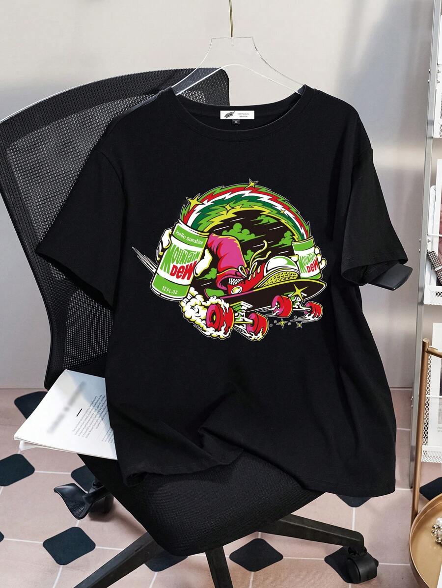 Mountain Dew X SHEIN Plus Size Women Summer Casual Cool Roller Skate Printed Loose Drop Shoulder Short Sleeve Black T-Shirt - Black - View 1