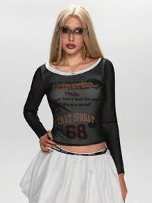 ROMWE Grunge Punk Y2K Sexy Sheer Mesh Printed Off-Shoulder Women Top - Black and White - View 9