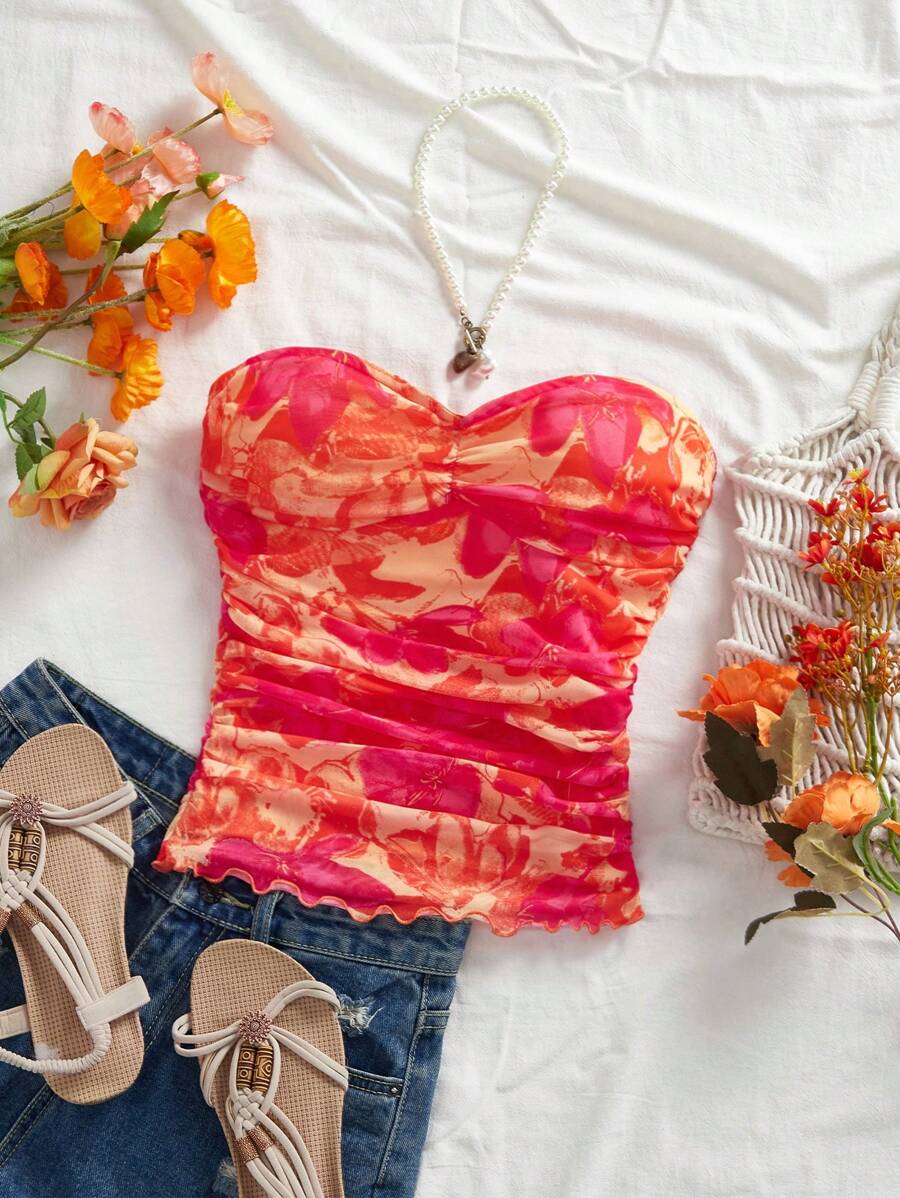 SHEIN VCAY Áo bó sát in lưới đan, họa tiết đan, trang nhã cho phụ nữ đi nghỉ hè, kỳ nghỉ bãi biển Bohemia, phong cách Boho Chic, hòa nhạc đồng quê, lễ hội ngày lễ, bãi biển, phong cách quý tộc cổ điển cho phụ nữ, áo ống, tốt nghiệp - Màu Hồng Tươi - Xem 1