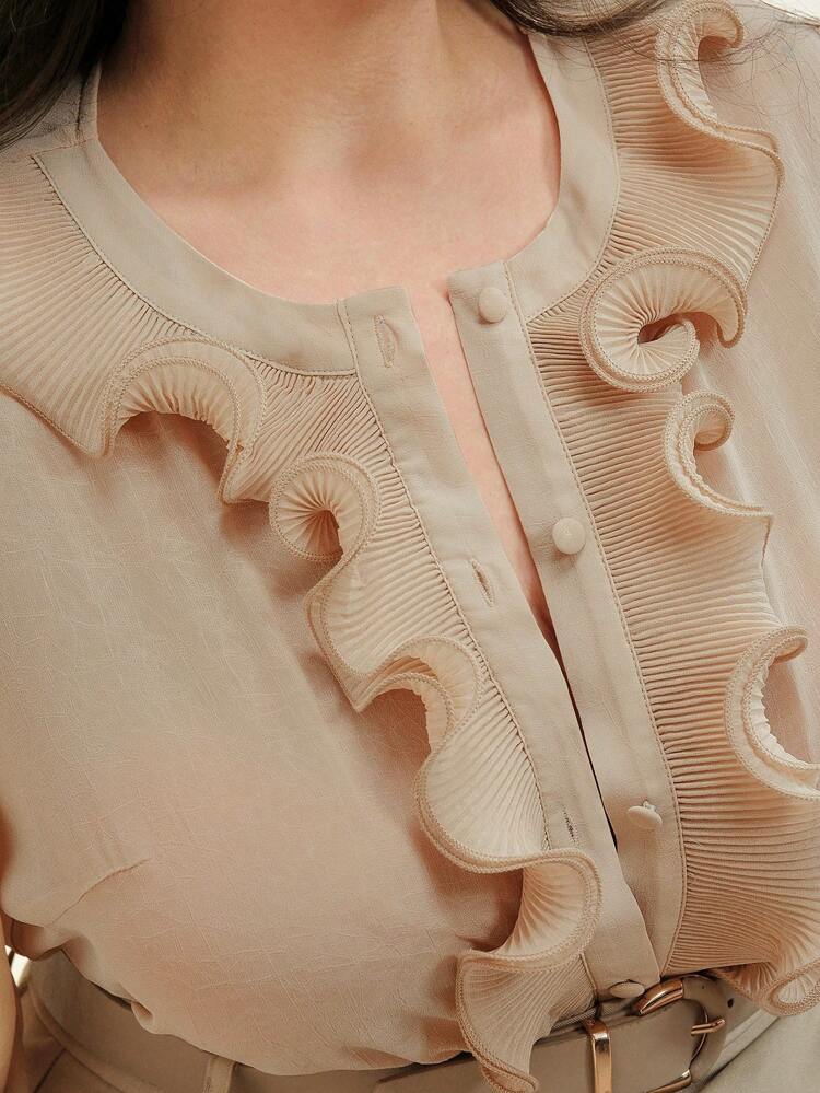 Plus Size Women's Elegant Ruffled Collar Lantern Sleeve Blouse, Modern And Chic, Suitable For Valentine's Day, Vacation, New Year's