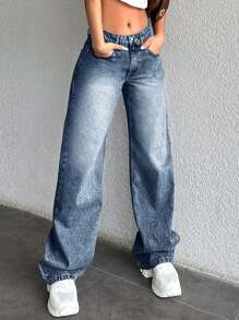 EURMUSE Quần Jeans Ống Thẳng Vintage Distressed 100% Cotton - Rửa trung bình - Xem 3