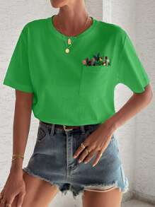 100%Cotton T-Shirt With Flower Embroidery, Round Collar, Pocket Details