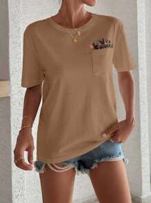EURMUSE 100%Cotton T-Shirt With Flower Embroidery, Round Collar, Pocket Details - Brown - View 4