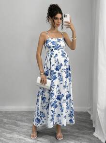 SHEIN 孕妇无袖蝴蝶印花连衣裙，适合户外活动、派对、毕业典礼、舞会和节日，春夏季 - 藍白色 - 查看 1