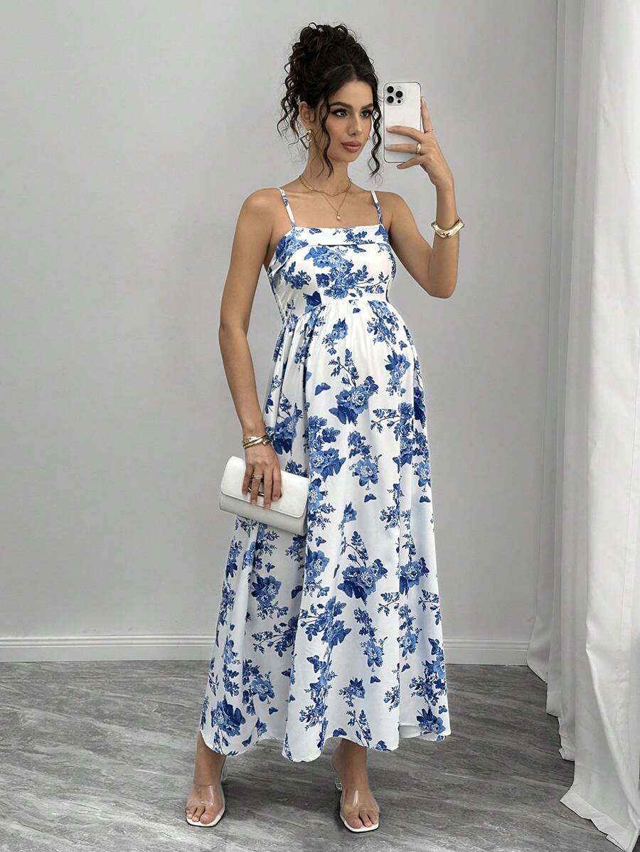SHEIN 孕妇无袖蝴蝶印花连衣裙，适合户外活动、派对、毕业典礼、舞会和节日，春夏季 - 藍白色 - 查看 1