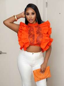 SHEIN BamGlam Women's Sexy Sheer Lace Patchwork With Ruffle Hem Blouse, Summer - Orange - View 4