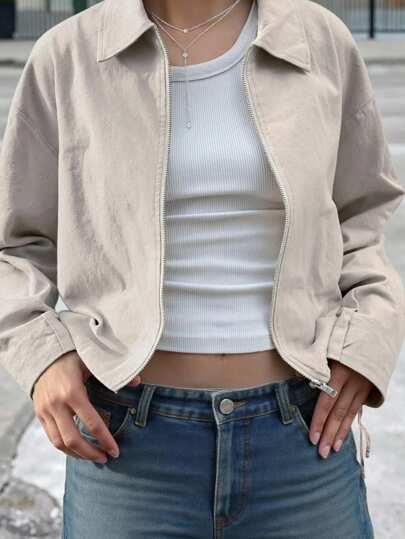 Jouncy 女士纯色落肩休闲拉链轻便夹克