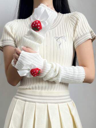 Kawaii 1 par de calentadores de brazo dulces y lindos para mujer con diseño de lazo de fresa
