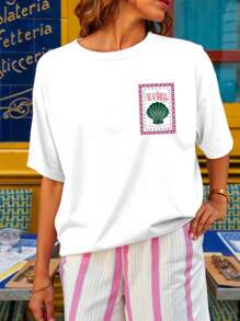 DrmWander 大码女式休闲字母与贝壳印花短袖圆领 T 恤，夏季 - 白色 - 查看 2