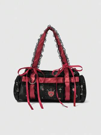 Goth Y2K Style Lace Shoulder Bag, Fashionable Red Heart Print Crossbody Underarm Bag, Lace Cylindrical Design