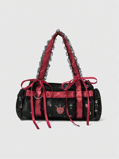 Goth Bolso de hombro de encaje con estilo Y2K, bolso cruzado de hombro y axila con estampado de corazón rojo a la moda, diseño cilíndrico de encaje
