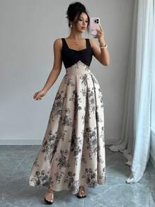 Elenzga Váy họa tiết hoa và khối màu tương phản thanh lịch mùa hè - Nhiều màu - Xem 3