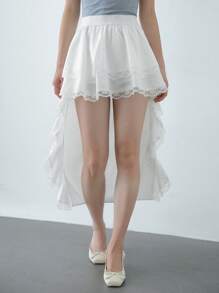 SHEIN Unity Falda asimétrica blanca de mujer con diseño frontal y trasero, falda de moda de encaje y parches de verano, falda elegante - Blanco - Ver 7