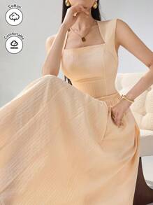 Heiryn Women's Elegant Swan Neck Cinched Waist Solid Color Summer Dress - Yellow - View 5