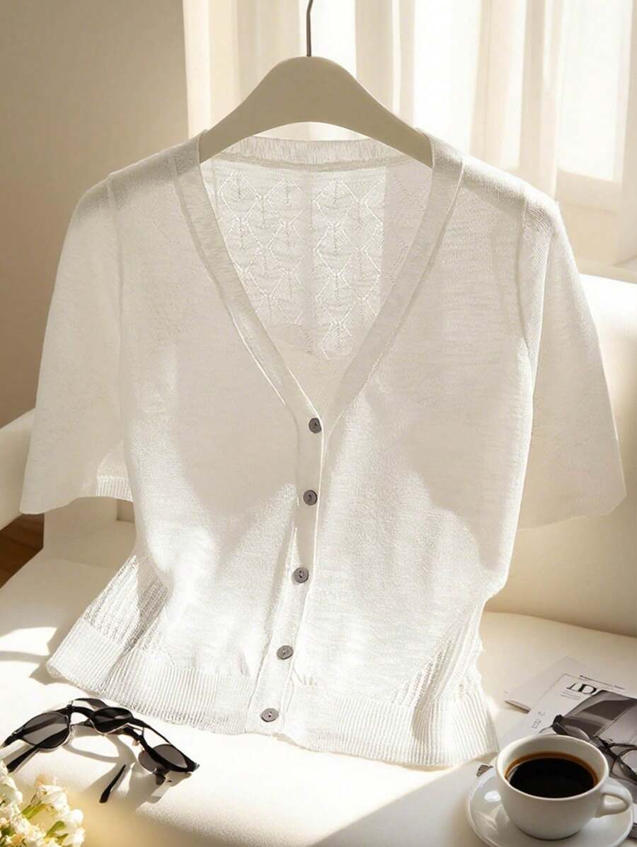 Franclia Half Sleeve Button Placket Cardigan - White - View 1
