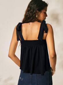 Easelle 2025 Neuankömmling Sommer Damen Boho-Stil Urlaub, handgefertigtes gehäkeltes Blumen-Dekor mit farbblockdetail und Fransen, Damen Crop Top mit Bändern in Normallänge - Schwarz - Übersicht 2
