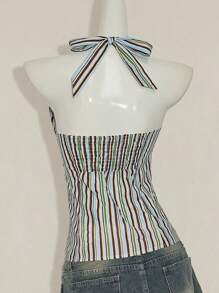 SHEIN ICON Striped Backless Halter Neck Top, Summer - Multicolor - View 2