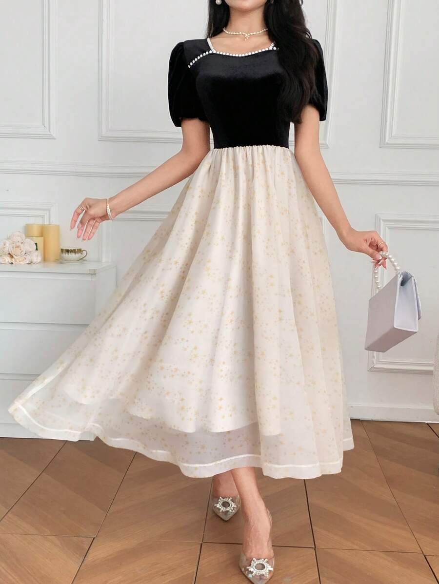 DAZY Vestido de mangas abullonadas con cuello en forma de corazón y diseño de patchwork, para primavera/verano - Negro - Ver 1