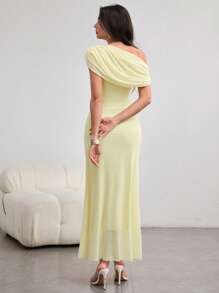 Modelyn Women's Extra Long Asymmetrical Ruched Knitted Slit Shoulder Bodycon Mesh Dress, Elegant & Charming, Light Yellow, Spring/Summer Yellow One Shoulder Ruched Dress - Light Yellow - View 2
