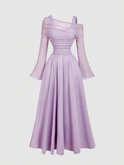 SHEIN MOD Lilac Off-Shoulder Mesh 2in1 Trumpet Sleeve Long Sleeve Women's Dress,Western,Vintage,70s,The Bachelorette