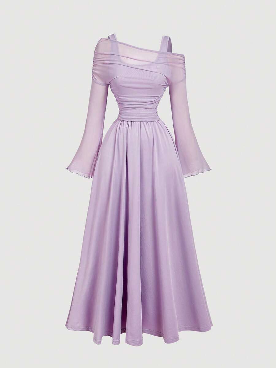 SHEIN MOD 淡紫色露肩网眼二合一喇叭袖长袖女式连衣裙，西部风、复古风、70 年代风、单身女郎风 - 紫丁香色 - 查看 1