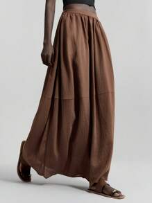 Ontre 现代都市风格，极简主义舒适风格，条纹材质，棕色，女式 A 字裙，飘逸，松紧腰身，日常穿着，通勤，休闲，商务休闲，2025 年新款，初秋