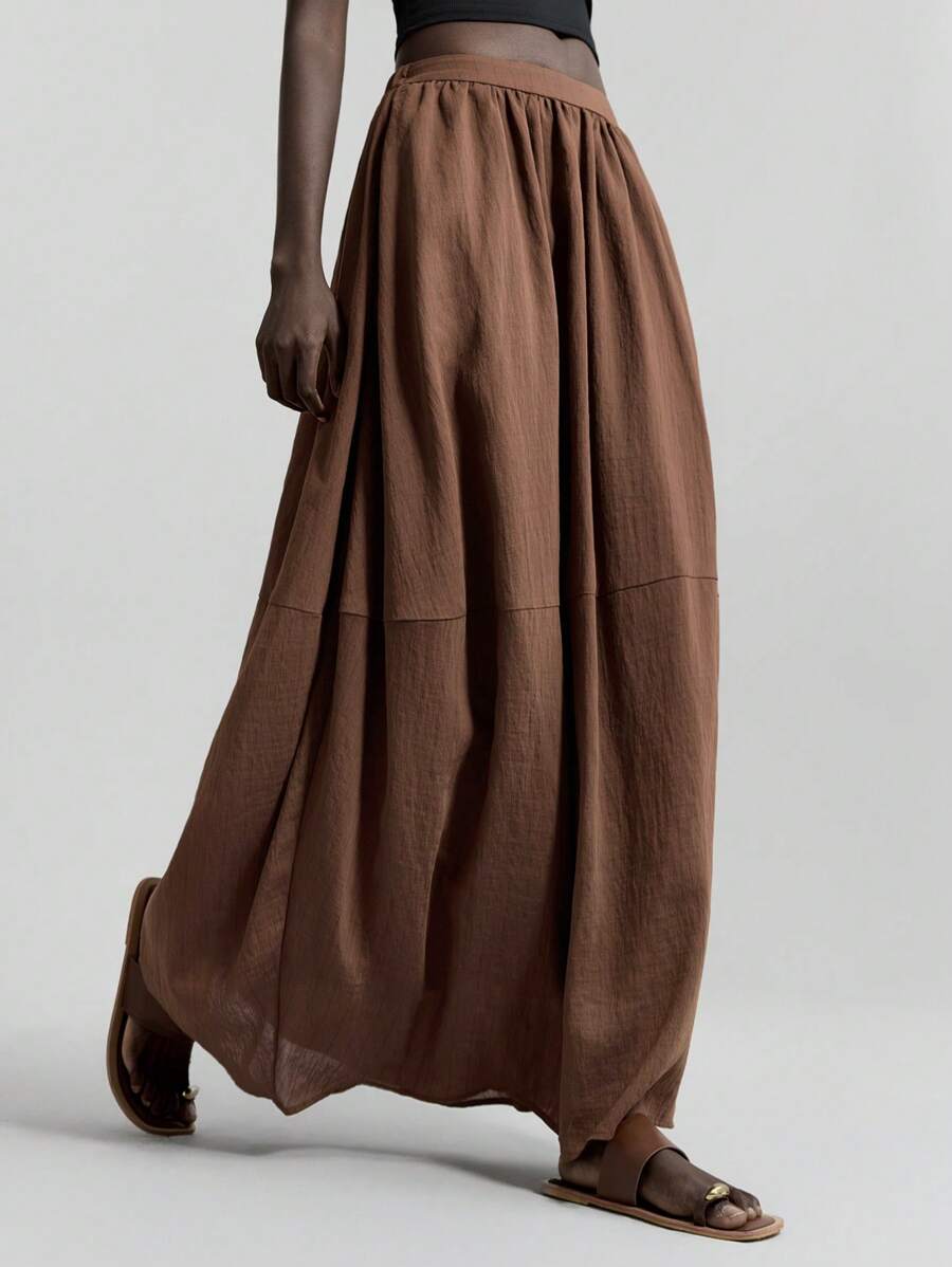 Ontre 现代都市风格，极简主义舒适风格，条纹材质，棕色，女式 A 字裙，飘逸，松紧腰身，日常穿着，通勤，休闲，商务休闲，2025 年新款，初秋