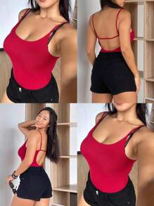 DAZY 加大码女式纯色弹力裹身勃艮第酒红色紧身衣，性感 - 紅色 - 查看 5